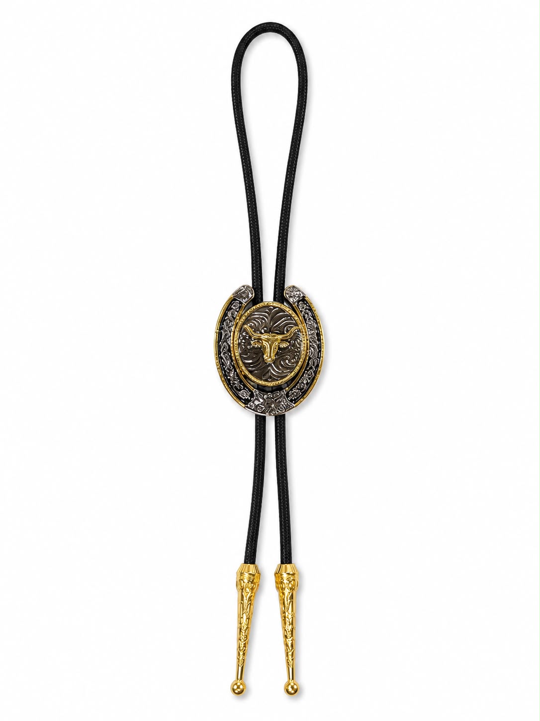 Corbatín Vaquero Bolo Tie — Medallón Toro Dorado con Cordón Negro