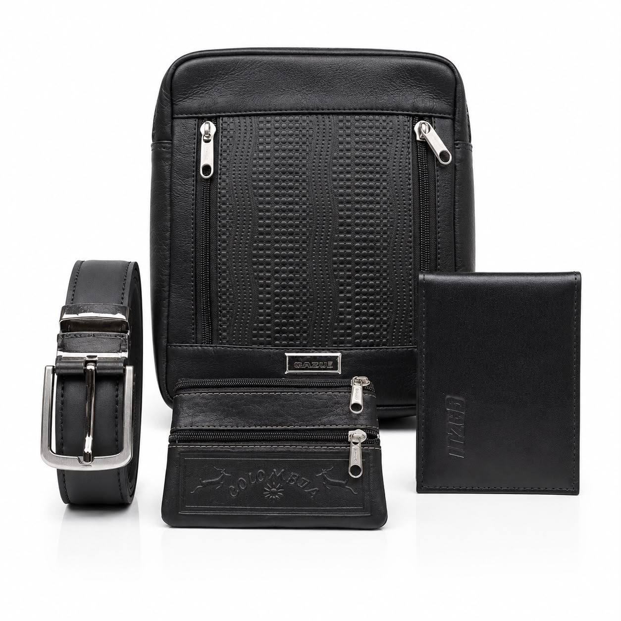 Regalo Día del Padre — Kit Premium Gazul en Cuero Fino Negro: Carriel, Cinturón, Billetera y Monedero