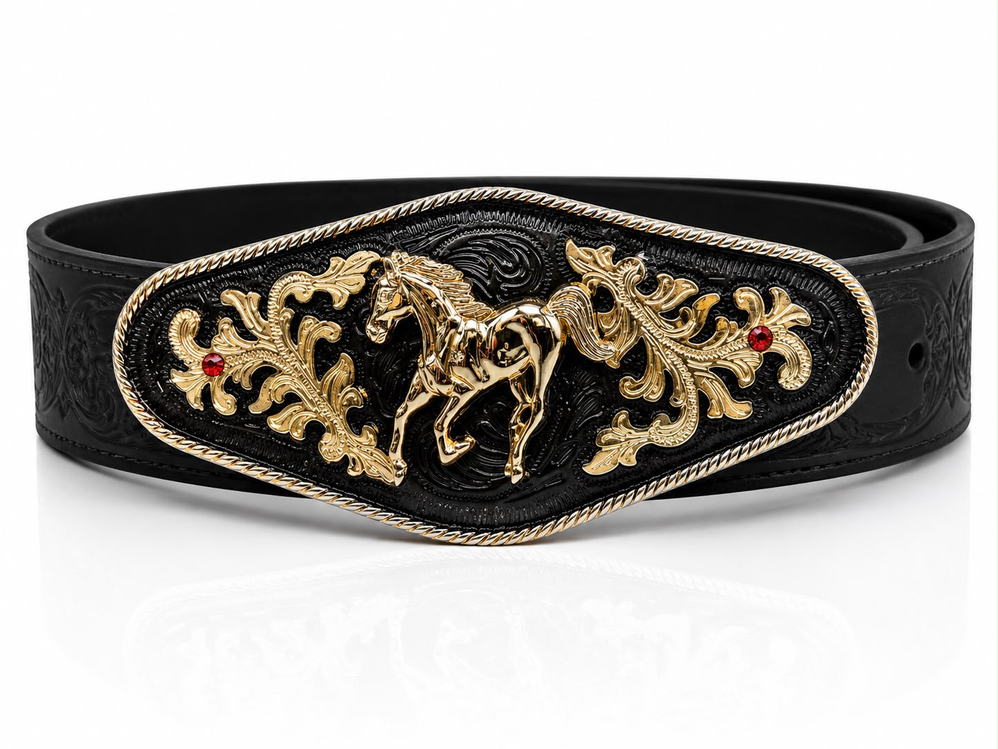Cinturón Vaquero de Cuero Negro — Hebilla Oval