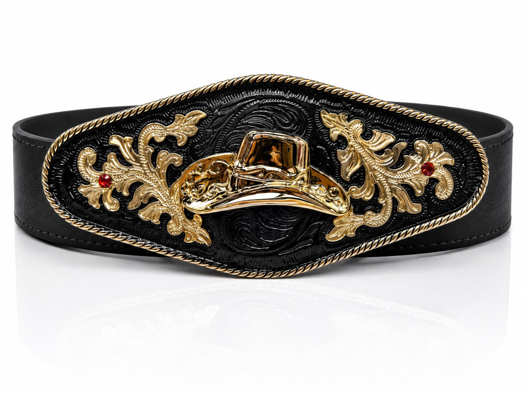 Cinturón Vaquero de Cuero Negro — Hebilla Oval