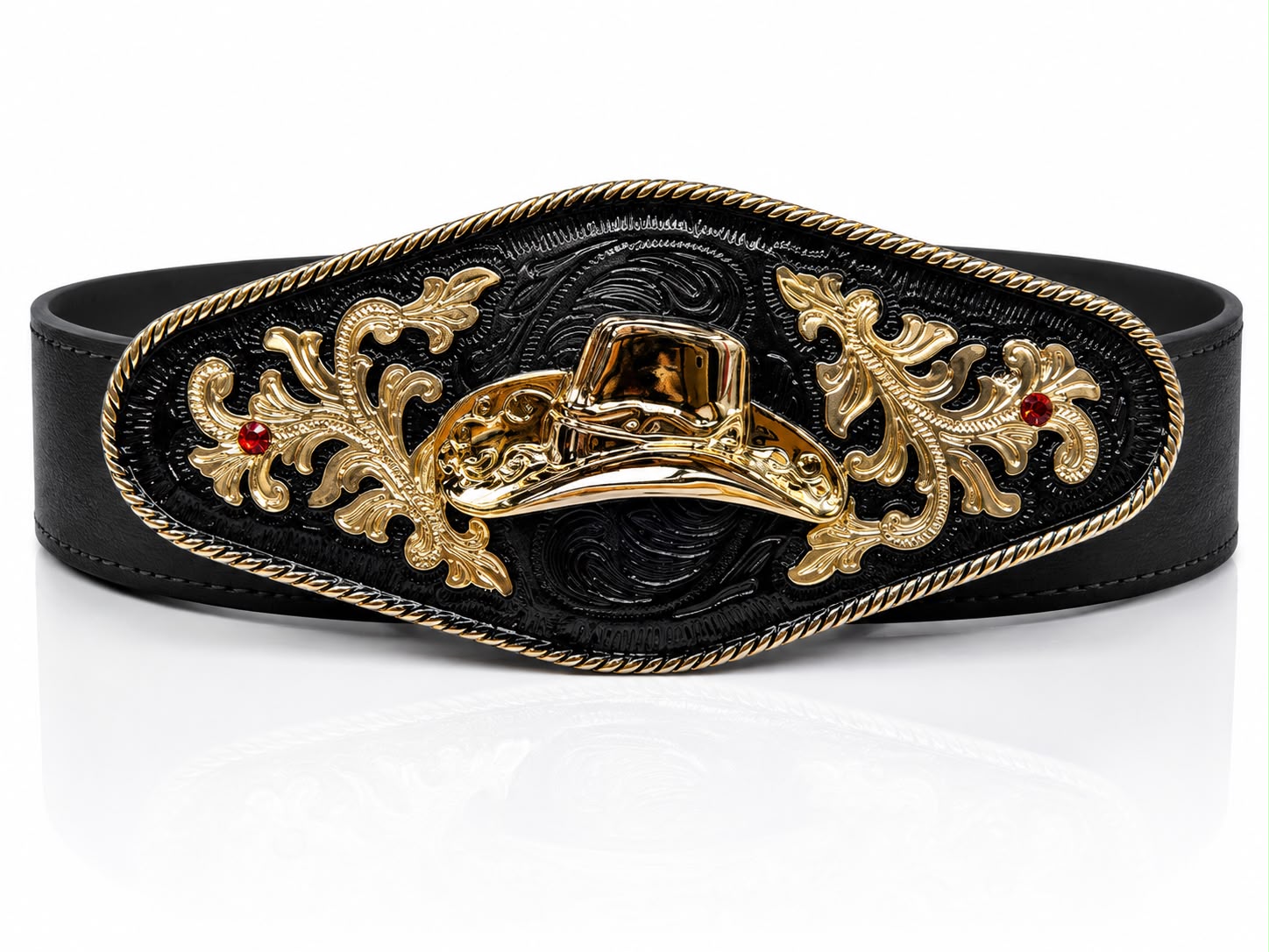 Cinturón Vaquero de Cuero Negro — Hebilla Oval
